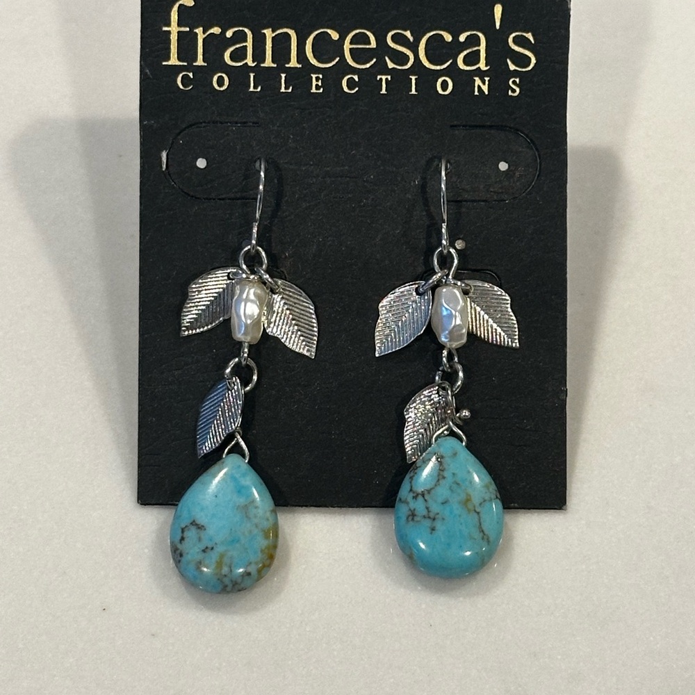 NWT Francesca's Collections Silver and Turquoise Leaf Earrings